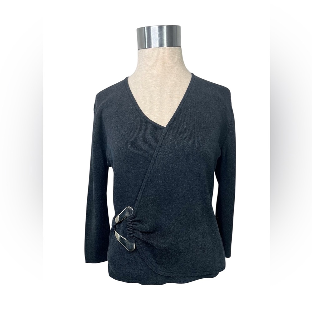 Joseph A. Silk and Metallic Blend Black wrap sweater with Silver Tone Buckle
